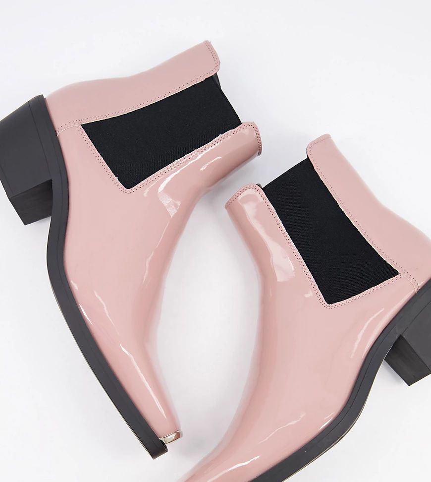 ASOS DESIGN Wide Fit cuban heel western chelsea boots in pink patent with metal hardware | ASOS (Global)