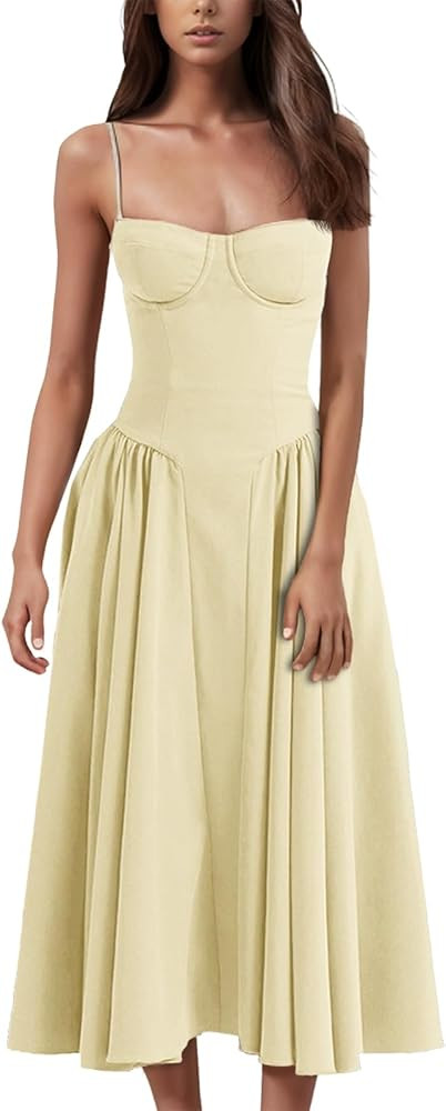 Womens Corset Dress Spaghetti Strap Bustier Midi Dress Pleated Hem Elegant Low Cut Prom Dresses w... | Amazon (US)