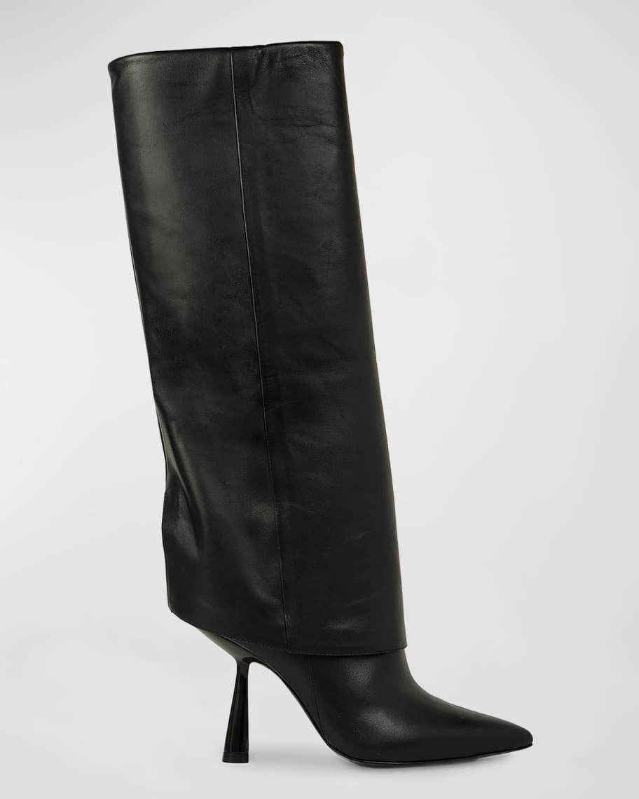 Black Suede Studio Martine Leather Foldover Knee Boots | Neiman Marcus