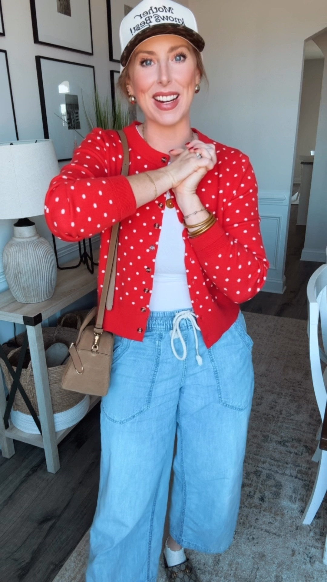 Outfit of the day, red polka dot cardigan 

Small 

#LTKootd #LTKFindsUnder50