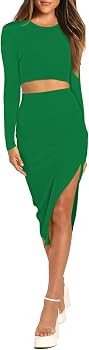 Pink Queen Women's 2 Piece Outfits Set Long Sleeve Crop Top Bodycon Slit Midi Skirt Sets Ribbed K... | Amazon (US)