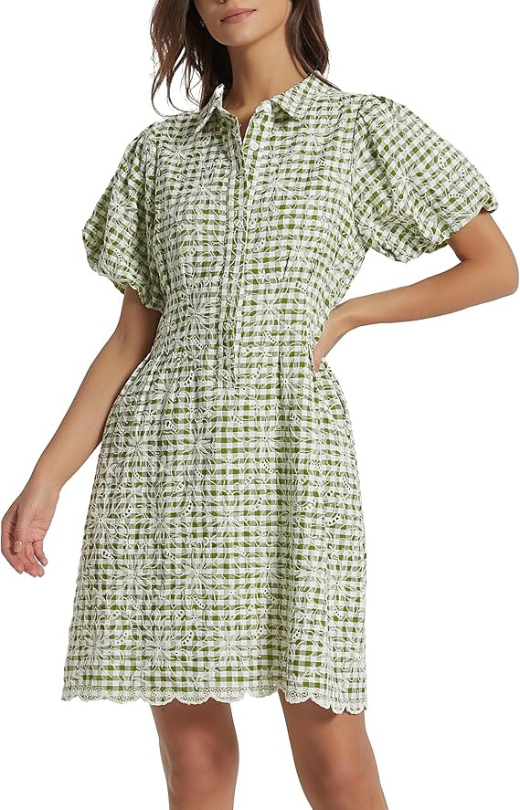 D-Sun Women's Short Sleeve Shirt Dress Button Down Pleated Mini Dress Embroidered Gingham Casual ... | Amazon (US)