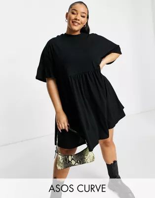 ASOS DESIGN Curve super oversized frill sleeve smock dress in black | ASOS (Global)