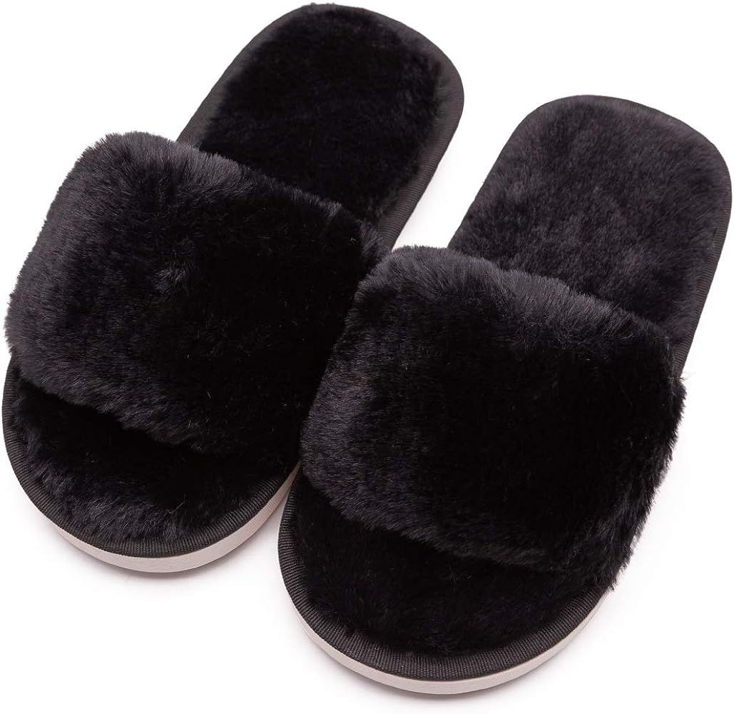Boys Girls Fuzzy House Slippers Cute Comfy Faux Fur Slip On Fluffy Plush Open Toe Home Slides for Ki | Amazon (US)