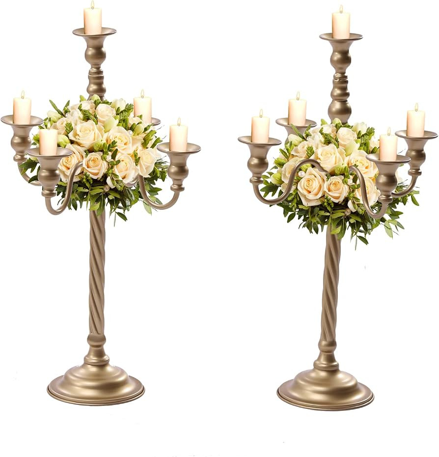 Set of 2 20.9" Gold Candelabra, 5-Arm Vintage Iron Candle Holders, Table Centerpieces, 22 lbs Loa... | Amazon (US)