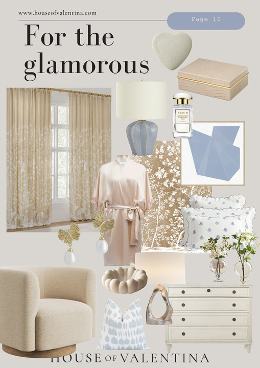 It's giving sooo glamorous! This is exactly what I picture when I think of a refined, feminine mood board. Soft layers, warm neutrals, and a touch of blue woven in to keep it feeling fresh and elevated. I love how the mix of textures, from delicate fabrics to sculptural accents, creates a space that feels both polished and lived in. It is glamorous in a quiet, effortless way that still feels comfortable and inviting.  

 #LTKMothersDay #LTKSeasonal #LTKHome