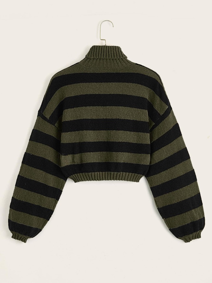 ROMWE Fairycore Olive Green Striped Turtleneck Sweater For Plus Size | SHEIN