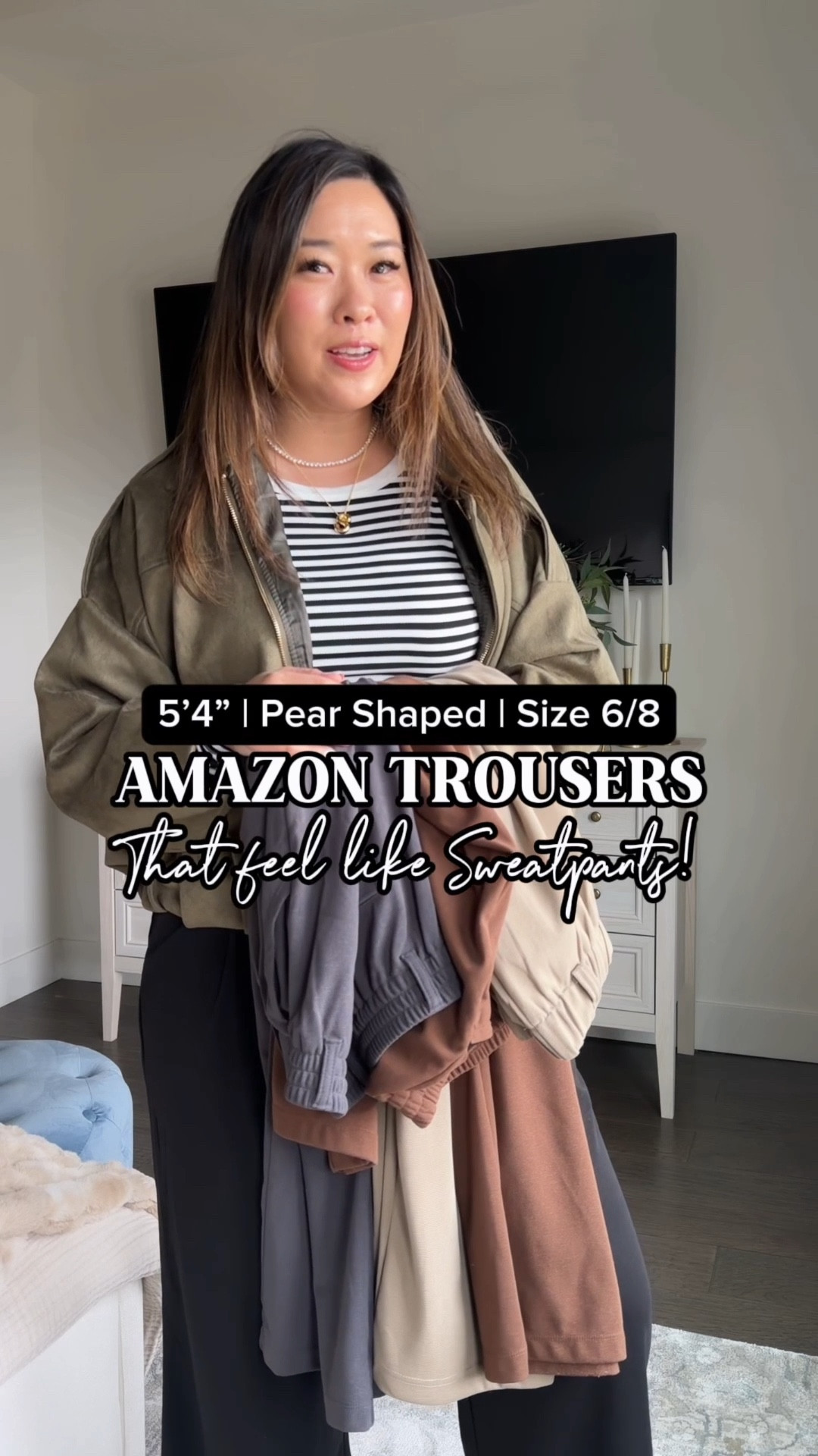 Amazon Trousers that feel like sweatpants
Trouser Pants: Medium
Striped Top: Medium
Suede Jacket: Medium 
White Top: Medium
Denim Jacket: Mediumm
Cardigans: Medium