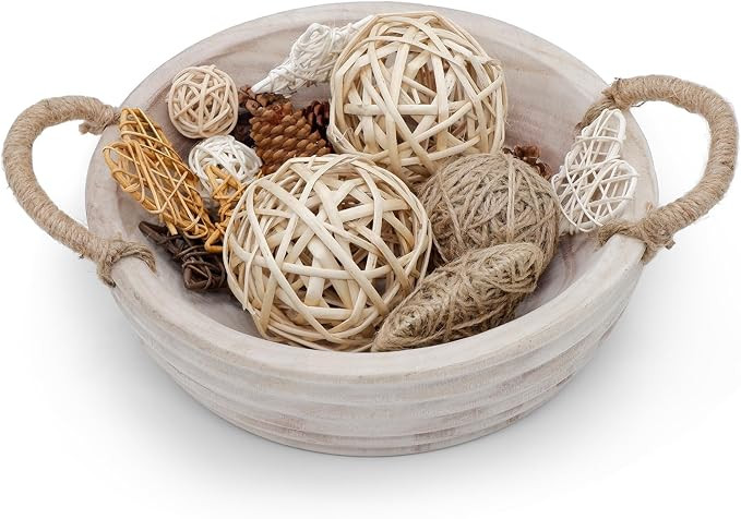 Wooden Decorative Bowls, 11.2 Inch Premium Round Serving Bowl with Rope Handles for Home Decor, R... | Amazon (US)