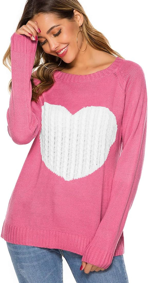 koitmy Women's Long Sleeve Crewneck Knitted Patchwork Cute Heart Sweaters | Amazon (US)