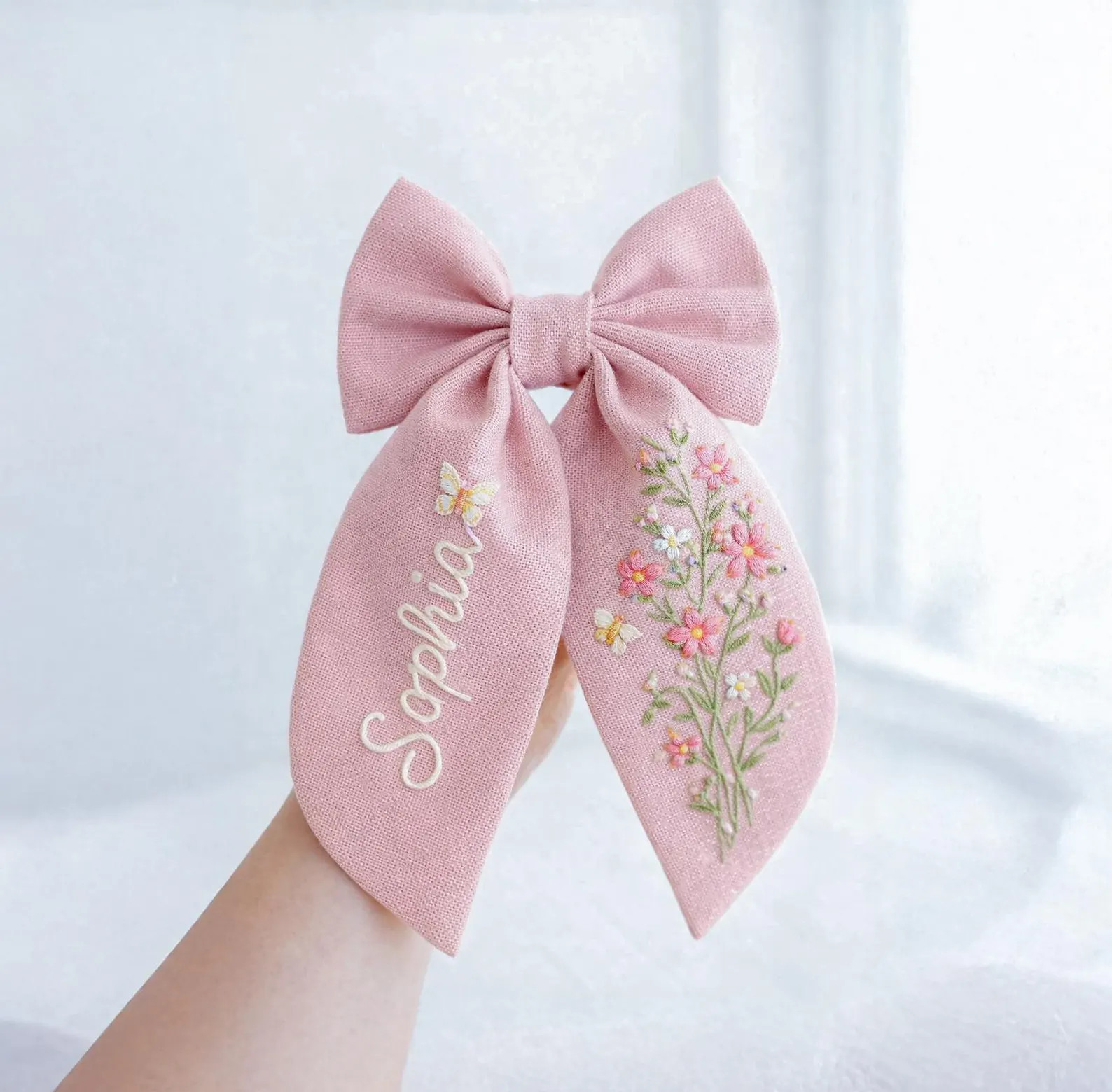 Personalized Linen Hair Bow – Hand Embroidered Flower Bow with Initial – Custom Name Text Bow... | Etsy (Global)