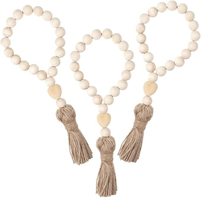 Vaguelly 3pcs Farmhouse Wood Bead Garland Tassels for Rustic Home Decor Natural Beaded Hanging De... | Amazon (US)