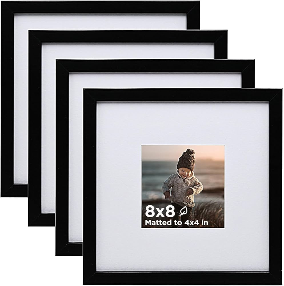 KINLINK 8x8 Picture Frame Black Set of 4, Wooden Square Photo Frames Matted 4x4 with Plexiglass f... | Amazon (US)