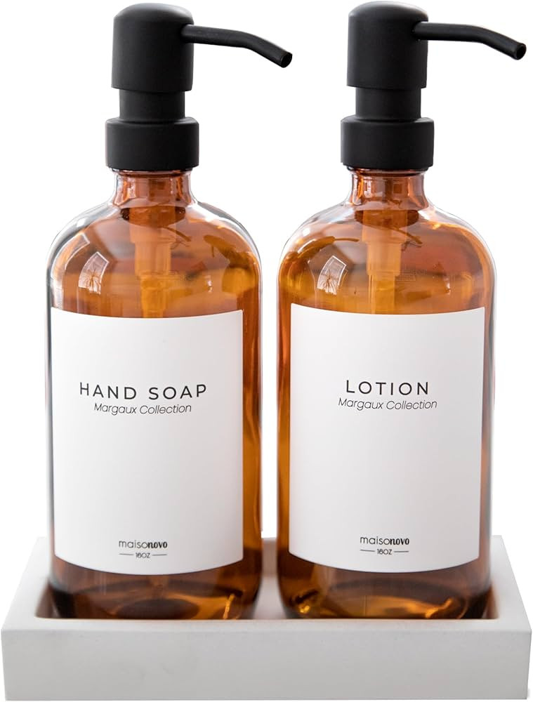 MaisoNovo Glass Soap Dispenser with Pump - Amber Bottles Black Pumps Set of 2 - Soap Dispenser fo... | Amazon (US)