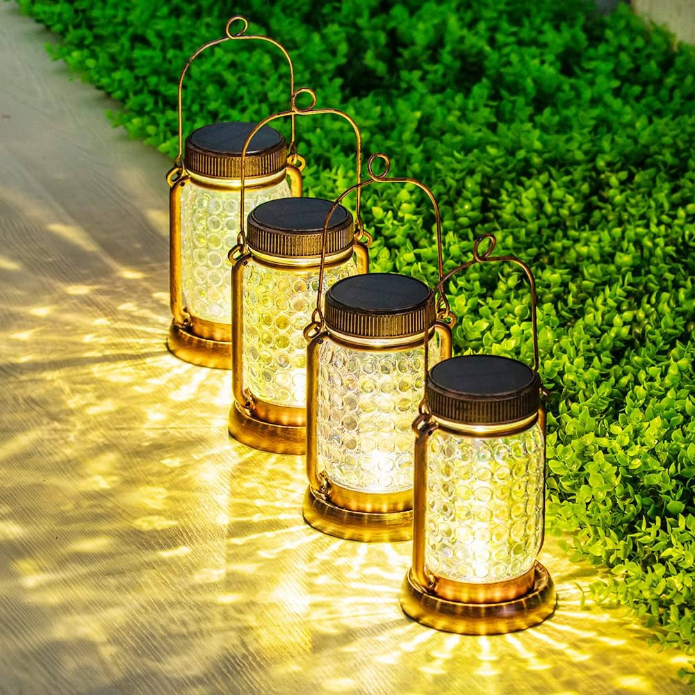 Outdoor Garden Decor, 4 Pack Solar Lantern Waterproof Warmwhite Mason Jar Hanging Lights, Porch D... | Amazon (US)