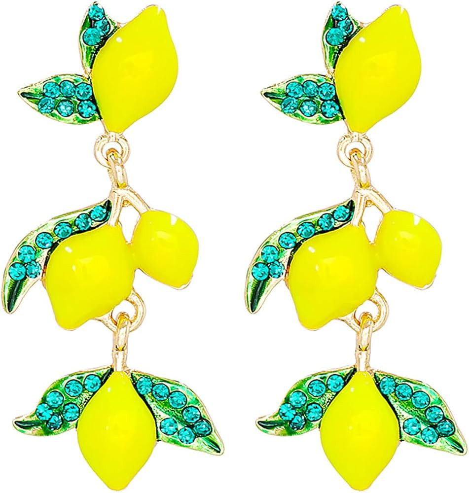 Lemon Earrings for Women Teens Unique Cute Sweet Handmade Green Crystal Rhinestone Leaf Linear Ye... | Amazon (US)