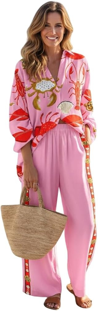 Women's Beach Vacation 2 Piece Outfits Long Sleeve Button Shirt Elastic Waist Wide Leg Pants Casu... | Amazon (US)