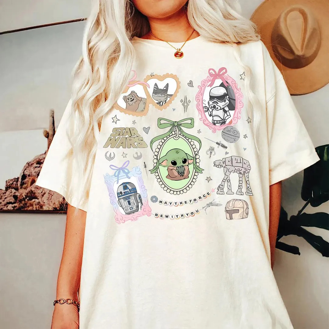 Retro Coquette Bow Star Wars Cute Shirt, Kawaii Grogu Tee, May the Force Be With You, Pastel Gala... | Etsy (US)