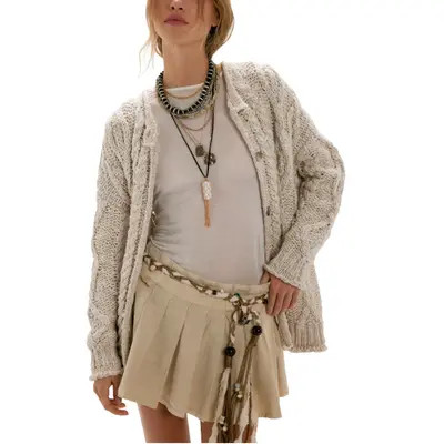 Free People Opal Cable Knit Cardigan in Iguana at Nordstrom, Size Large | Nordstrom