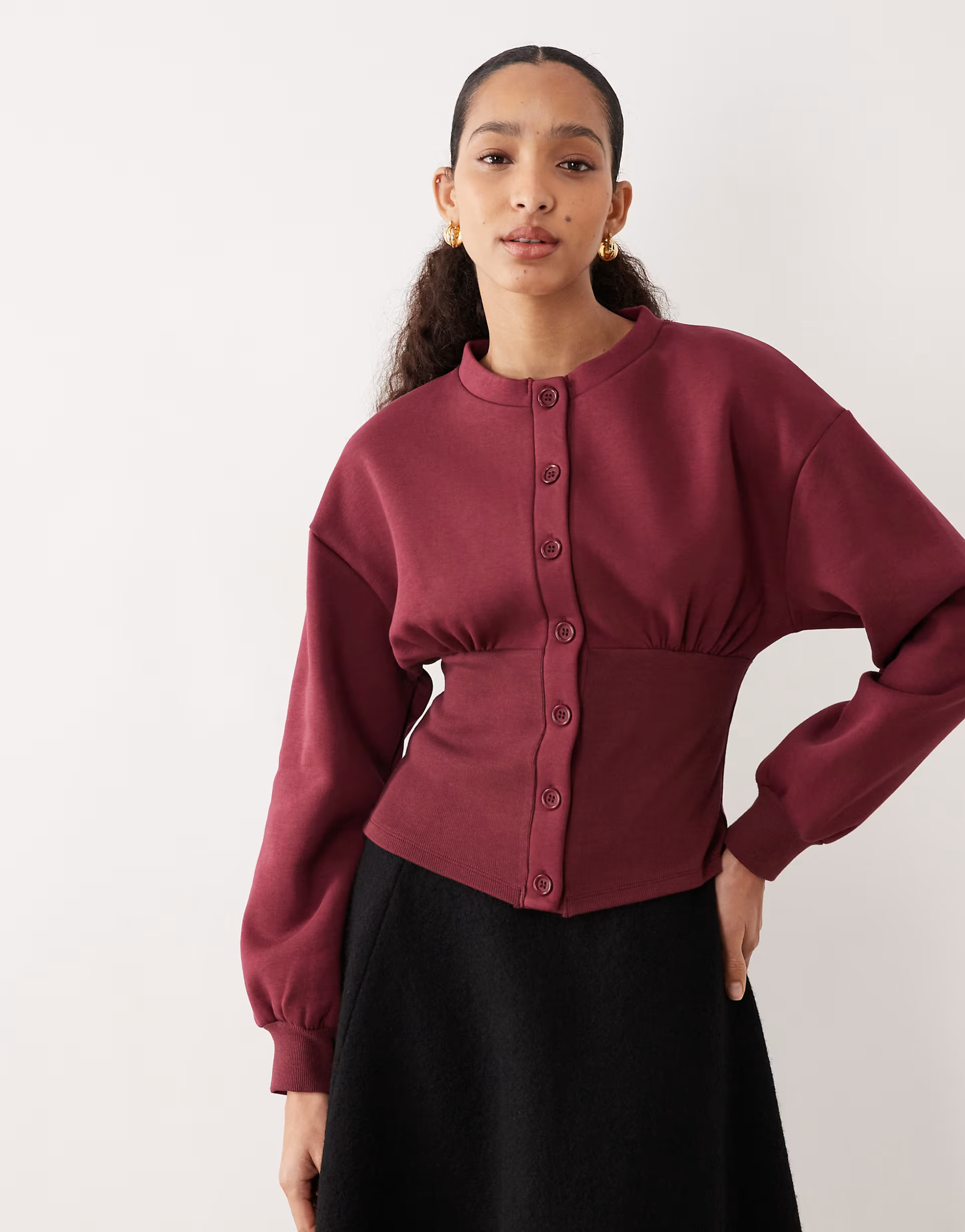 ASOS DESIGN cinched button up sweatshirt in burgundy | ASOS | ASOS (Global)