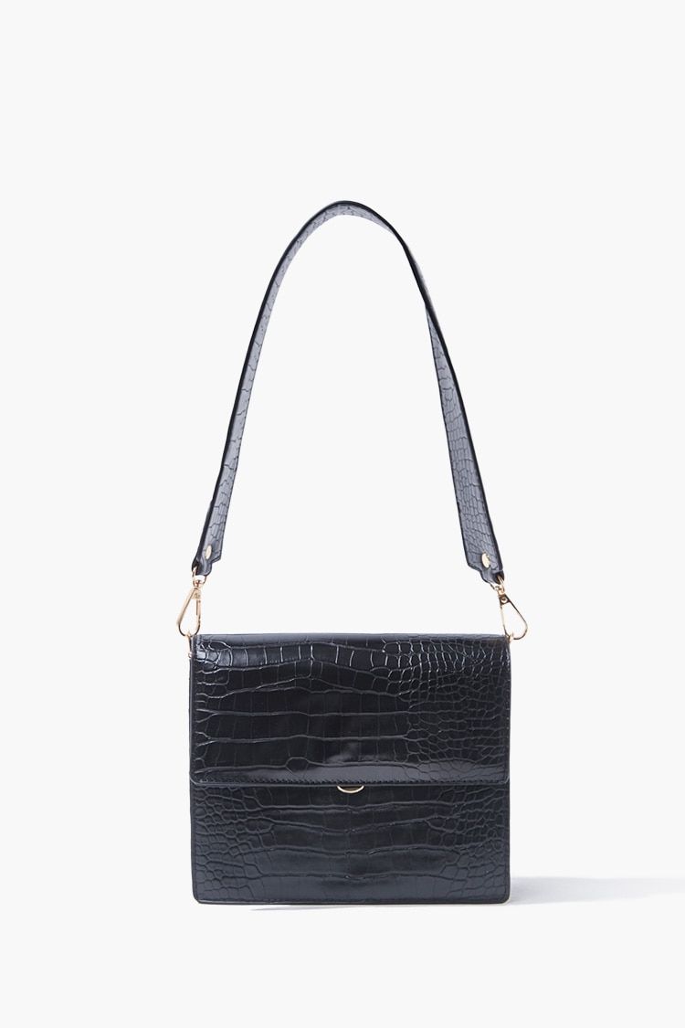 Faux Croc Leather Shoulder Bag in Black | Forever 21 (US)