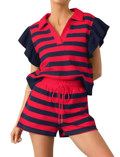 HOCANDY Striped Shorts Sets Women 2 Piece Outfits Ruffle Cap Sleeve Tops and High Waisted Drawstring Shorts with Pockets | Amazon (US)