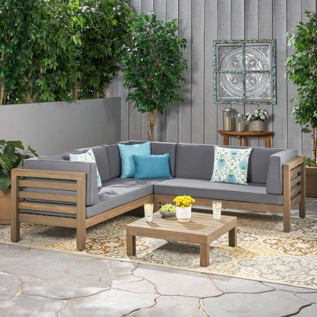 Oana 4pc Acacia Wood Patio Sectional Chat Set w/ Cushions - Christopher Knight Home | Target