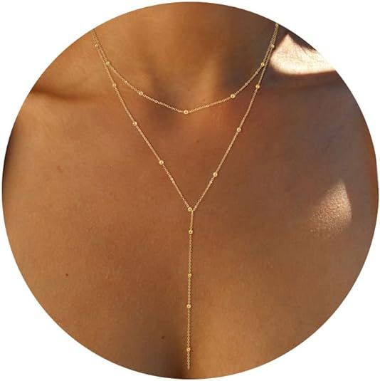 Foxgirl Lariat Gold Necklace for Women, Dainty Long Necklace 14k Gold Plated/Silver Y-Shaped Pend... | Amazon (US)