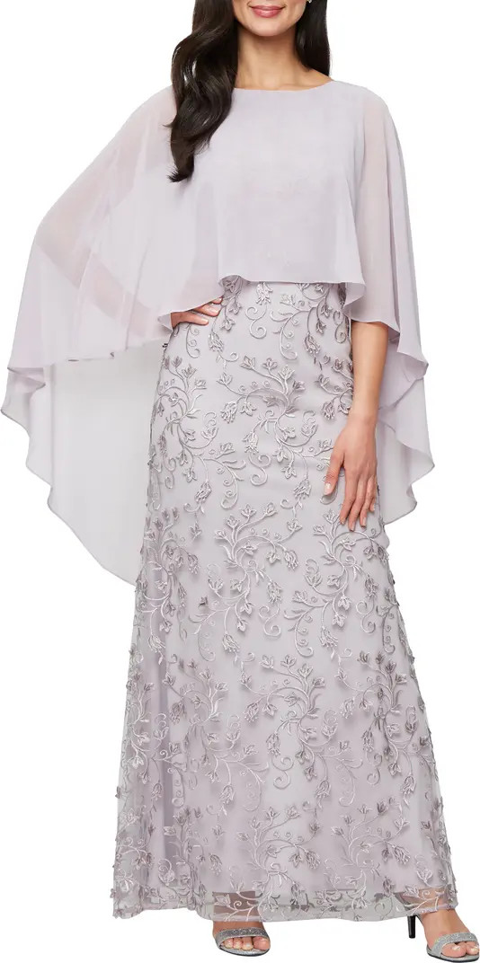 Chiffon Capelet Floral Embroidered Gown | Nordstrom