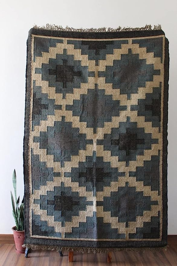 4x6 5x8 8x10 Handmade Kilim Rug Jute Kilim Blue Black White Dhurrie Rug Handmade Rug Wool Jute Ru... | Amazon (US)