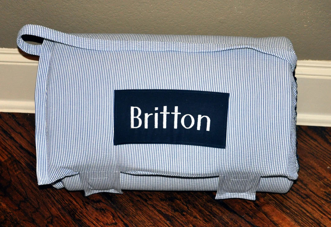 Navy Seersucker Stripe Memory Foam Kids Nap Mat With Navy Minky Dot Blanket, Personalized Prescho... | Etsy (US)