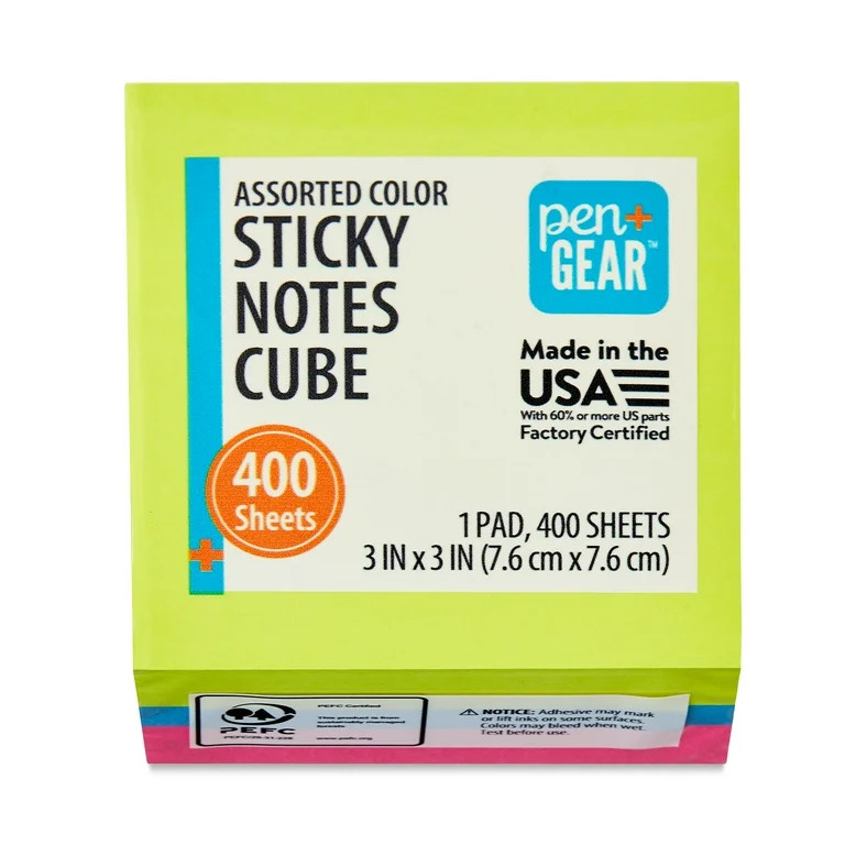 Pen+Gear Sticky Notes Cube, Multicolor, 3” x 3”, 400 Sheets | Walmart (US)