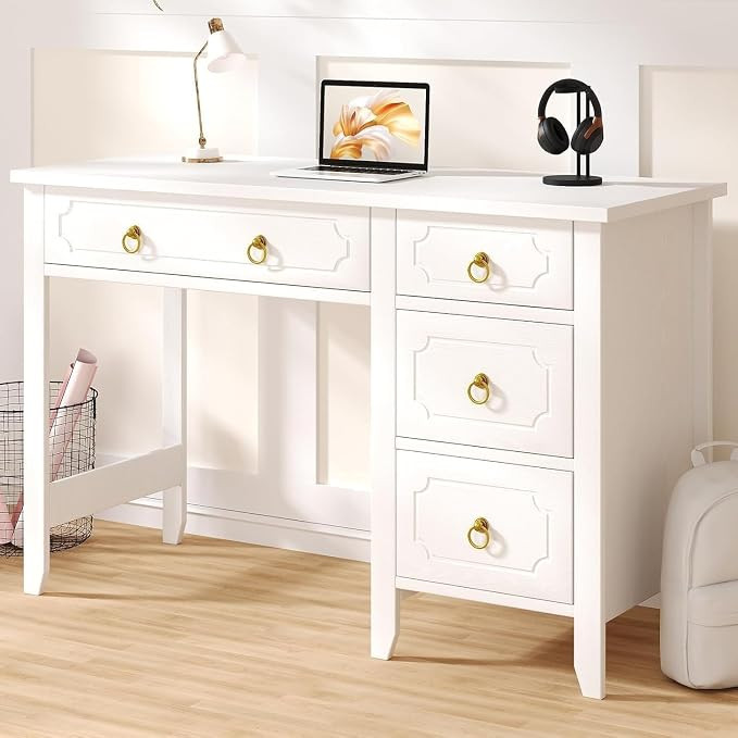 45" White and Gold Desk with 4 Drawers | Home Office Desk with Storage for Work Writing Study, Sm... | Amazon (US)