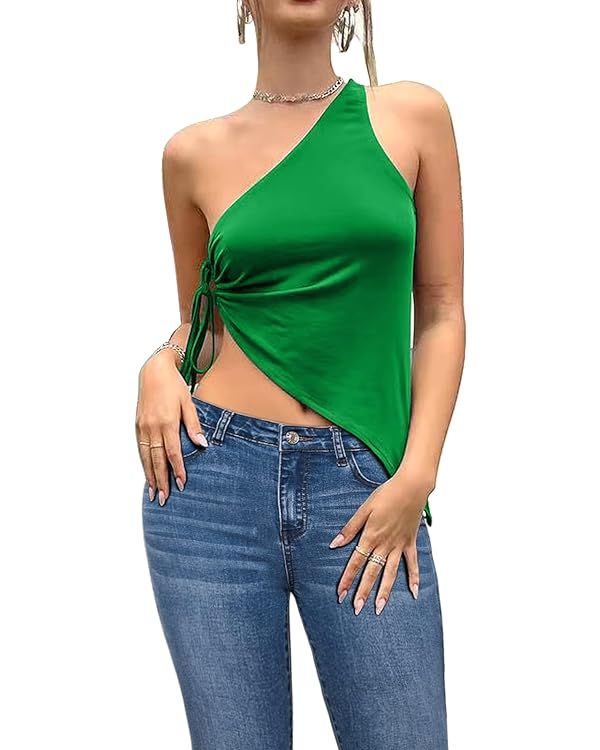 Zaoqee Women's Sexy One Shoulder Sleeveless Tank Tops Cut Out Side Drawstring T Shirts | Amazon (US)