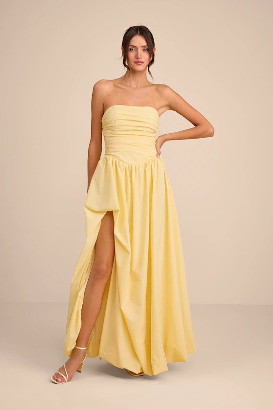 Marilou Light Yellow Strapless Ruched Lace-Up Maxi Dress | Lulus