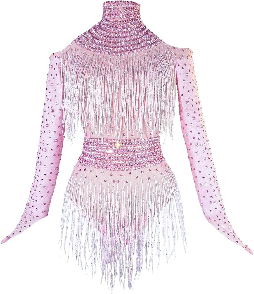 Tyian Sexy Sparkly Diamante High Neck Long Sleeves Fringe Bodysuit Women Team Performance Club Po... | Amazon (US)
