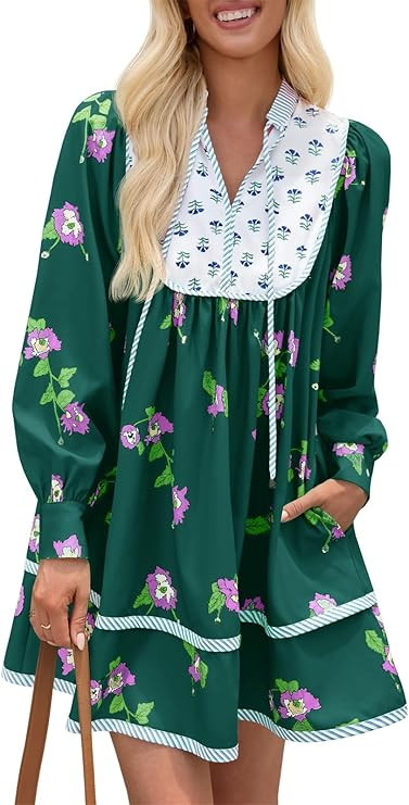 Wenrine Womens Casual Floral Mini Dress 2025 Fall Long Sleeve V Neck Patchwork Loose Boho Shirt D... | Amazon (US)
