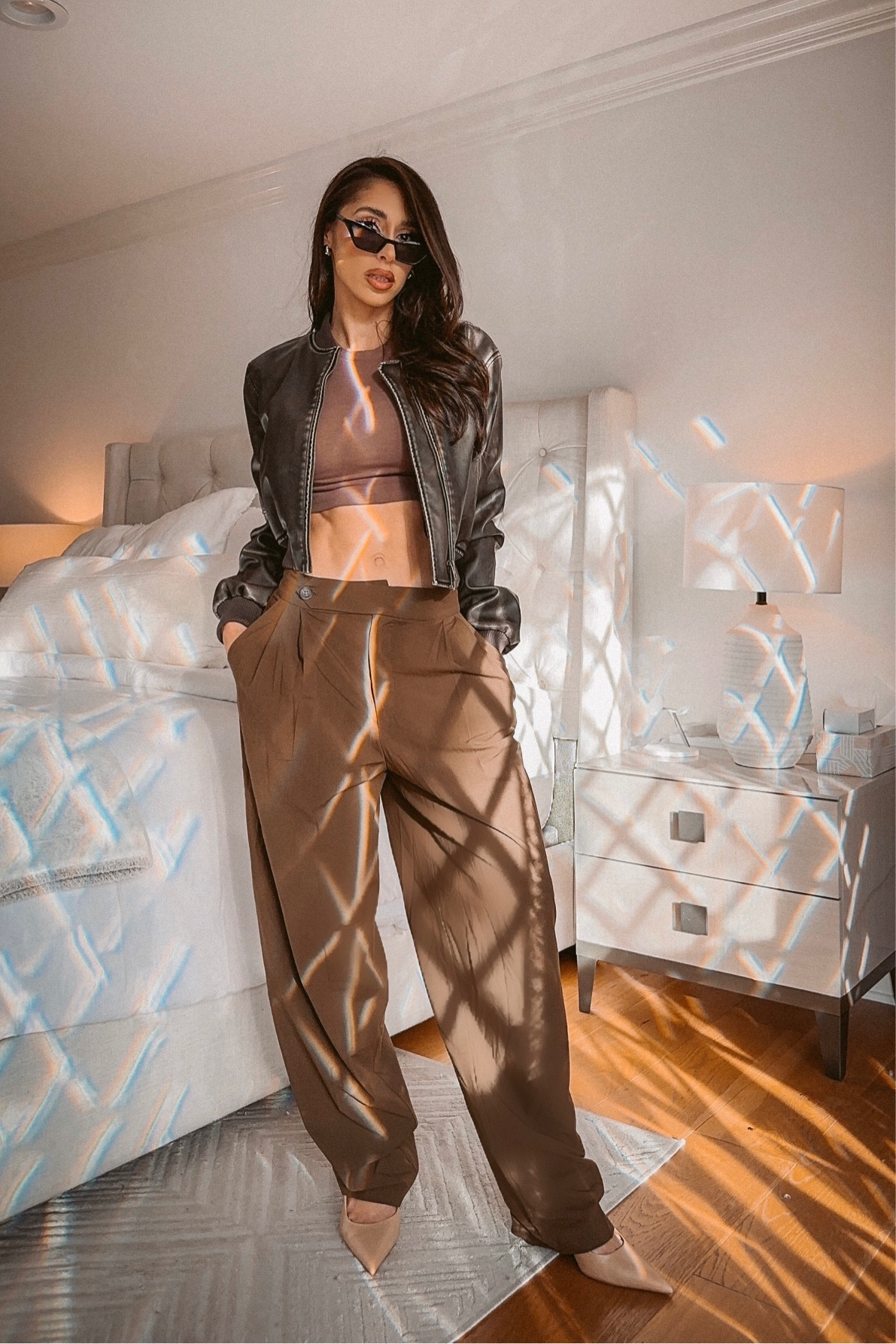 Zara Trousers leather jacket and crop top #pumps  