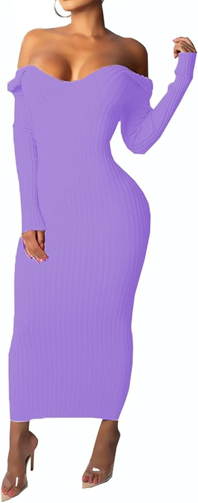 SheKiss Women's Off Shoulder Long Sleeves Bodycon Sweater Dress Sexy Knit Slim Cardigans | Amazon (US)