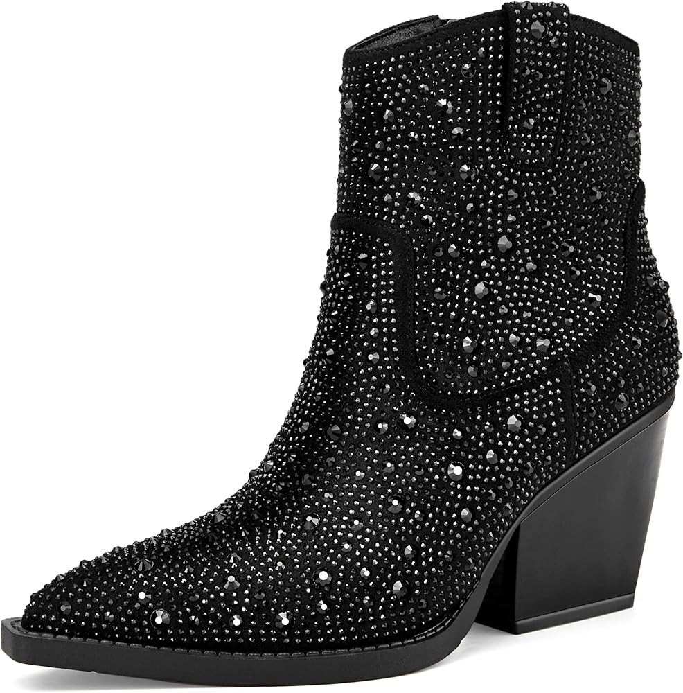 OOHRHN Women's Color Rhinestone Boots Glitter Sparkly Cowboy Booties Chunky Block Heel Pearl Deta... | Amazon (US)