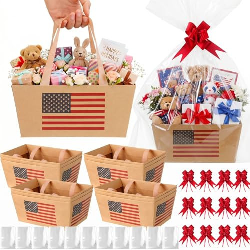 Funnymoom 12 Pcs 4th of July Kraft Basket for Gifts Empty with Cellophane Bag & Ribbon Brown 250th Anniversary Flag Gift Wrapping Basket for American Memorial Day Birthday Party Favor Supply 9.8x6.5'' | Amazon (US)