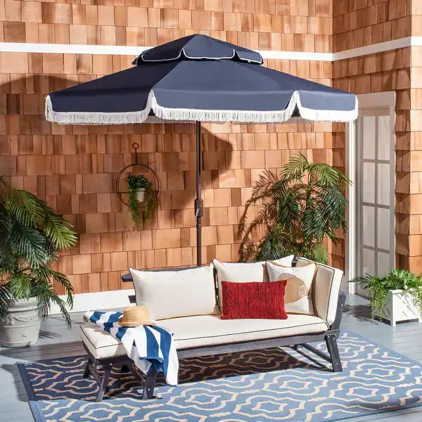 SAFAVIEH Outdoor Living Milan Fringe 9Ft Double Top Crank Umbrella. - Navy/White | Bed Bath & Beyond