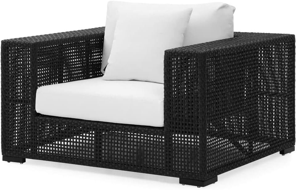 Zuri Furniture Modern Marquesa Outdoor Black Wicker Armchair with Quick Drying Cushions in White | Amazon (US)