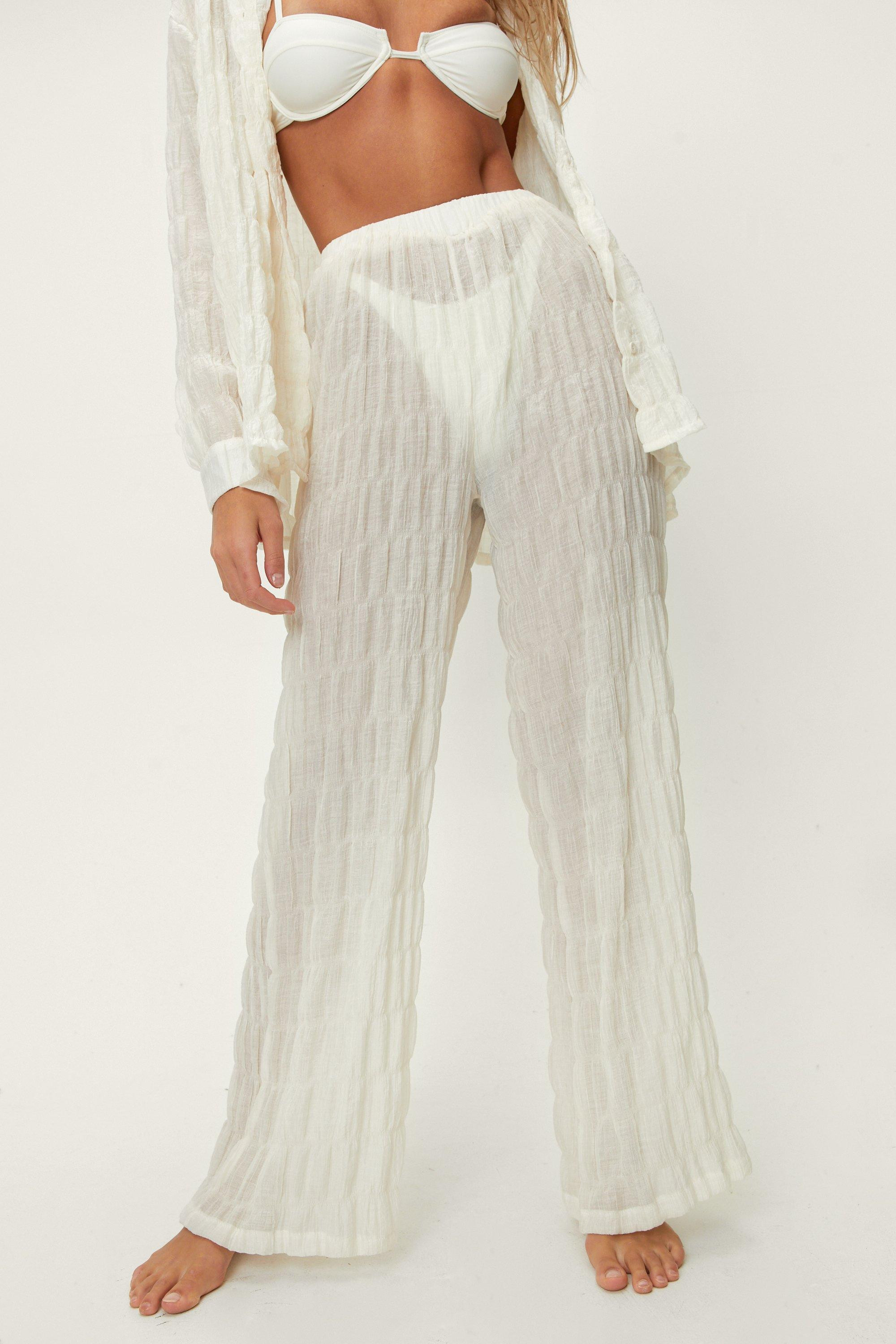 Womens Textured Wide Leg Beach Cover-Up Pants - Cream - 14 | Nasty Gal (US)