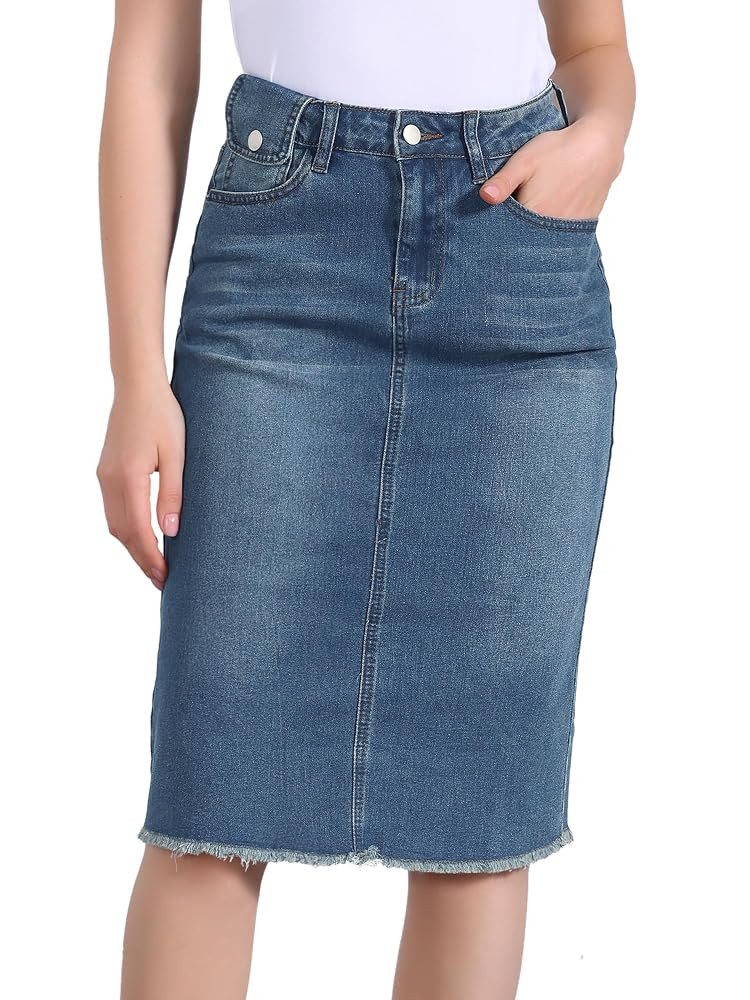 Allegra K Women's Casual Jean Skirt High Waist Back Slit Stretch Denim Skirts | Amazon (US)