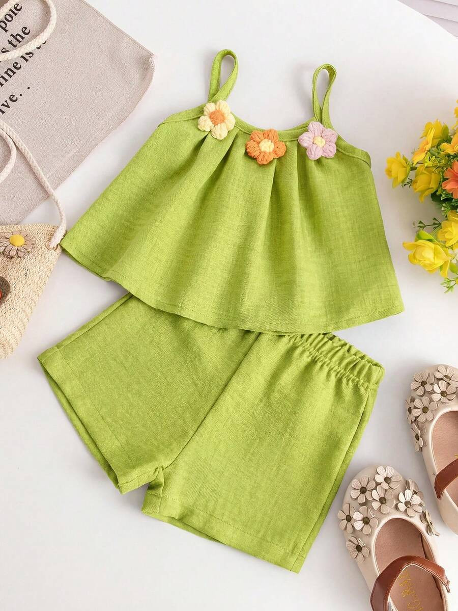 Playful Pals Baby Girls Minimalist Cute 3D Floral Decor Camisole Top And Shorts Set, Summer Beach... | SHEIN