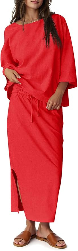 Tankaneo Womens 2 Piece Skirt Sets Oversized 3/4 Sleeve Top and Maxi Skirt Fall Matching Outfits ... | Amazon (US)