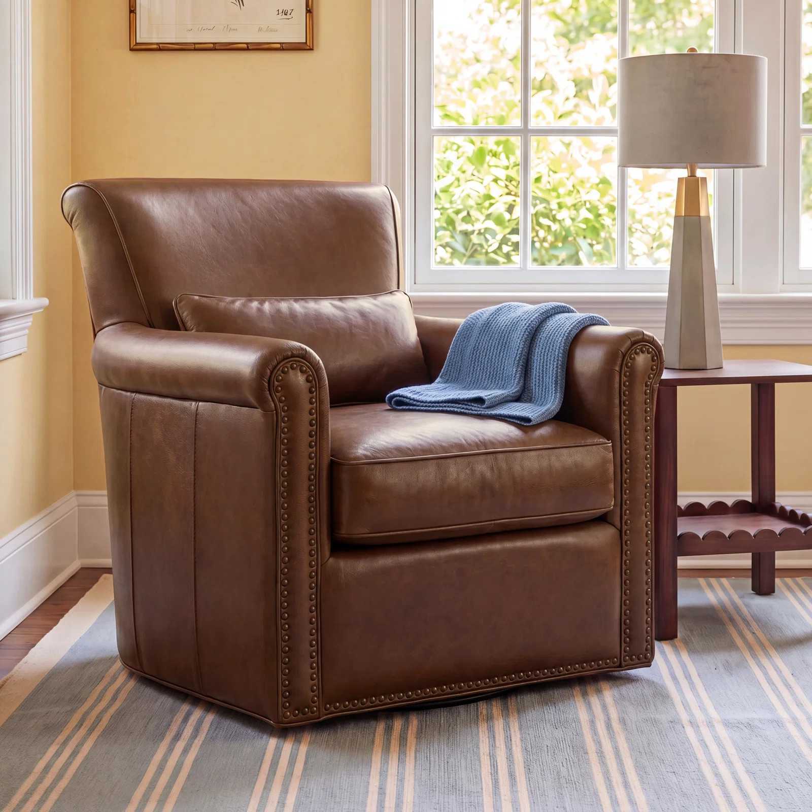 Middleborough Genuine Leather Rolled Arm Swivel Club Chair | Birch Lane