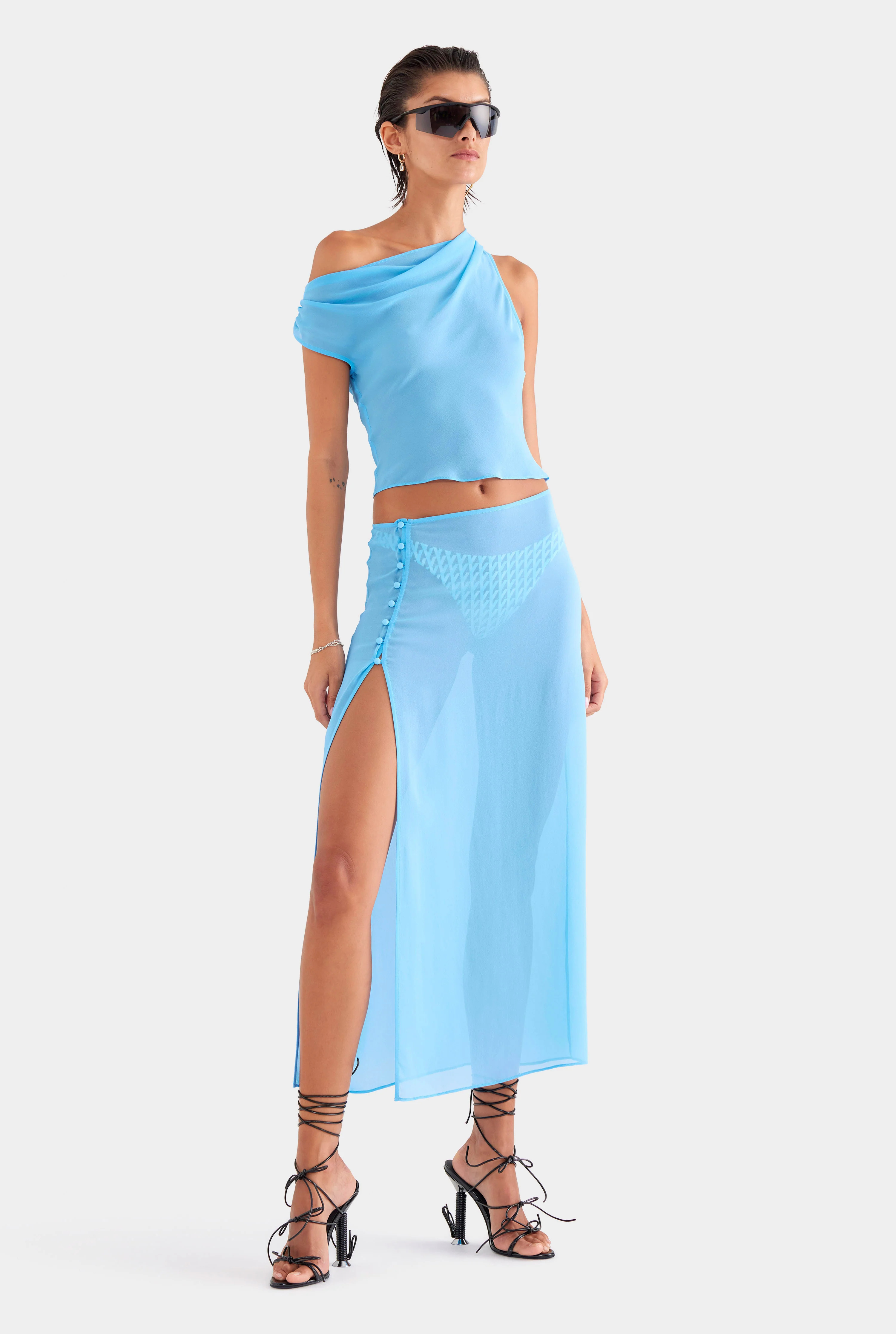 Womens Sheer Silk Skirt in Azure Blue | Venroy | Venroy AU