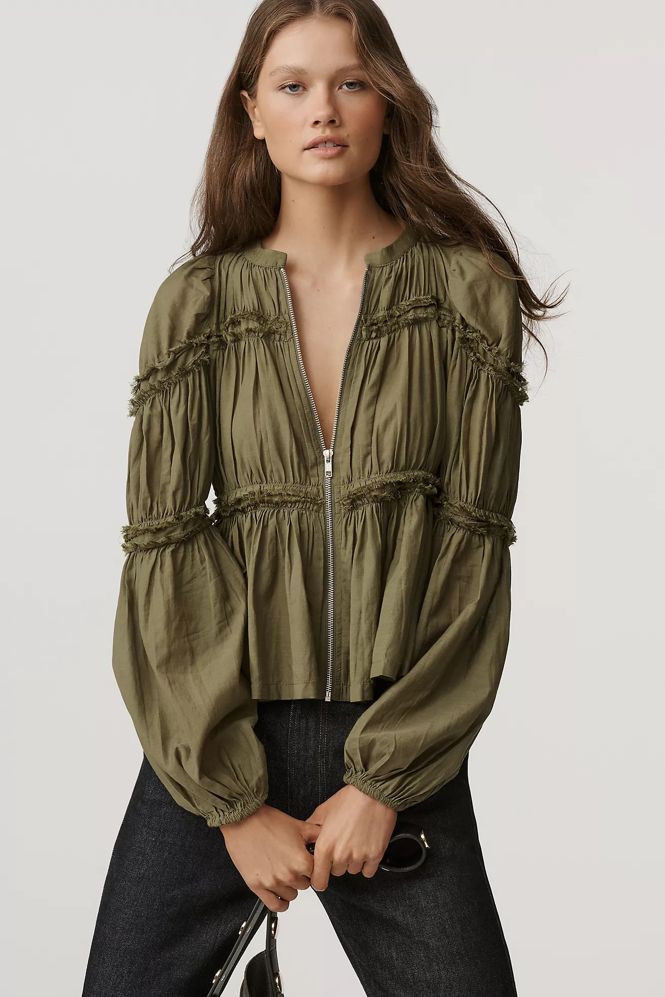 By Anthropologie Long-Sleeve Puffy Zip-Front Blouse | Anthropologie (US)